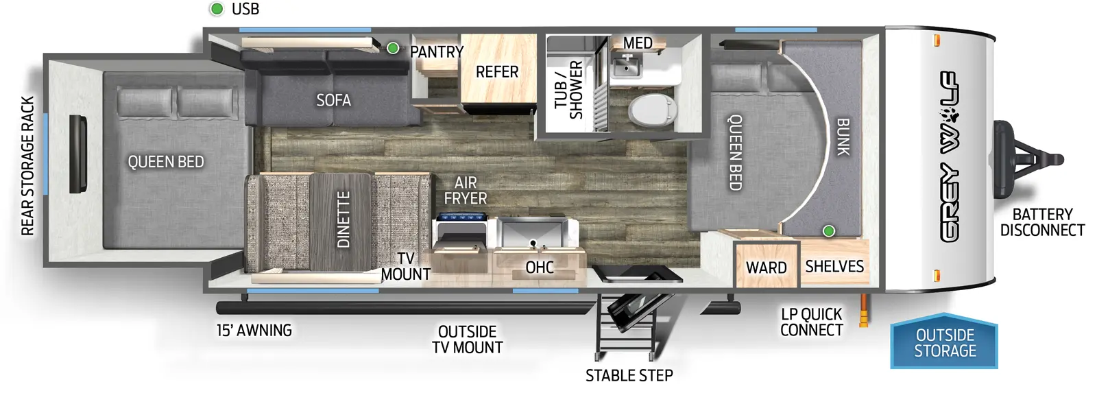 The 19SM has one slide out and one entry door. Exterior features include a rear storage rack, 15 foot awning, outside TV mount, front stable step entry, LP quick connect, outside storage, and battery disconnect. Interior layout front to back: queen bed with bunk above, shelves and wardrobe; off-door side aisle full bathroom with medicine cabinet; off-door side refrigerator, pantry and sofa; door side entry, kitchen countertop with sink and air fryer, overhead cabinet, and dinette; rear wall slide out containing a queen bed.